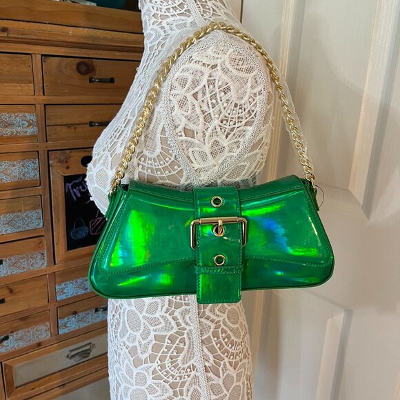 Iridescent Metallic Shiny Green  - Gold Buckle Crossbody / Chain Straps - NWT - Picture 4 of 10